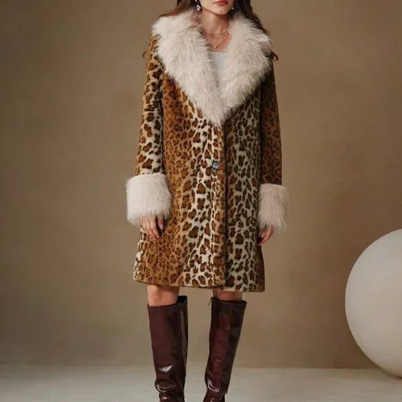 Brown Casual Women's Faux Fur Leopard Print Trim A-Line Waist Long Women's Coat - Picture 3 of 5